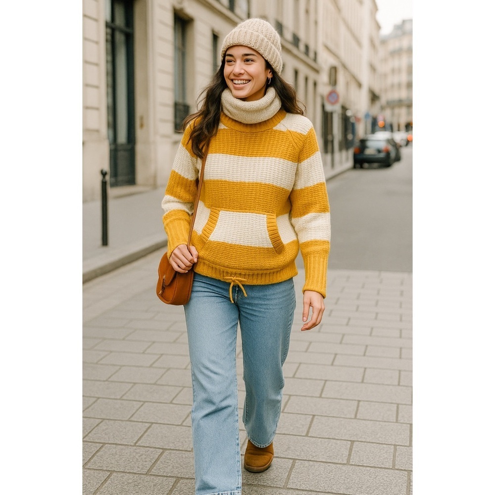 J.Crew Wool Blend Mustard Ivory Stripe Sweater S Mock Neck Cozy Fall Knit
